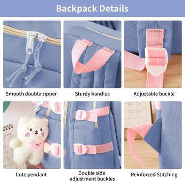 Набір шкільних рюкзаків IvyH 5-ти частинний: рюкзак для дівчинки, сумка для школи, рюкзак для підлітків, 3-7 клас, з пеналом та сумкою для покупок, 45 см, рожевий (8583# Синій)