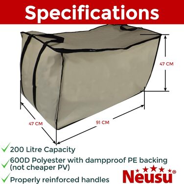 Neusu XXL сумка для зберігання 200 л, 91x47x47 см, міцна 600D, для постільної білизни, одягу, подорожей, до 50 кг, захист від бруду і плісняви, бежева