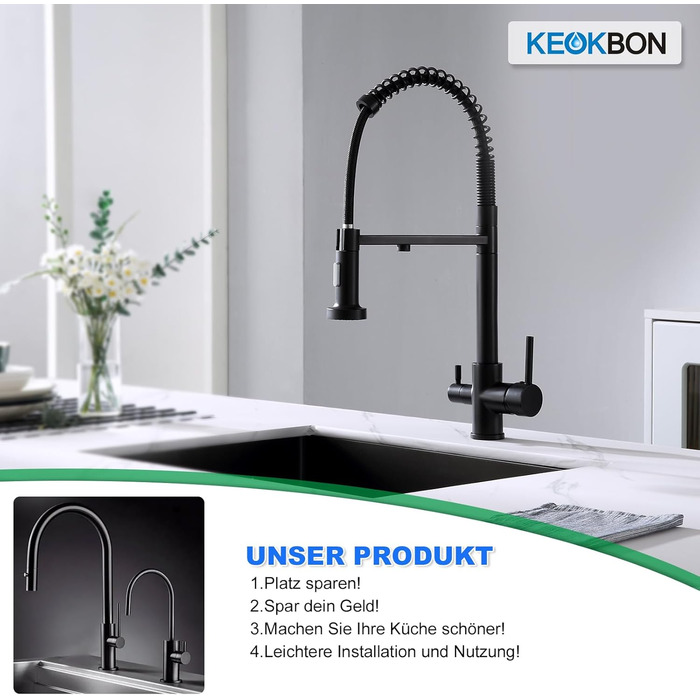 3-х стороння кухонна змішувач з поворотним гусаком 360°, 2 функції (з душем), 3 в 1, для фільтрів, з нержавіючої сталі та латуні, чорний