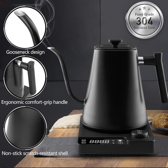 Fityou Electric Gooseneck Kettle - Temperature Control, 1200W, 1L Capacity, Fast Boiling, LED Digital Display, Celsius/Fahrenheit Conversion, for Specialty Coffee & Tea, Matte Black
