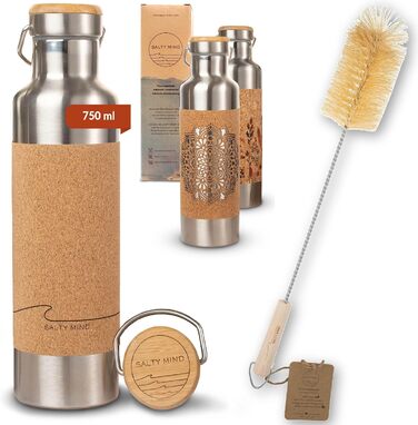 Stainless Steel Water Bottle 750ml - Sustainable, insulated thermal water bottle made of stainless steel, leak-proof - Iso bottle free from harmful substances, BPA-free - Thermos drinking bottle (floral print) (wave (engraving) + bottle brush)
