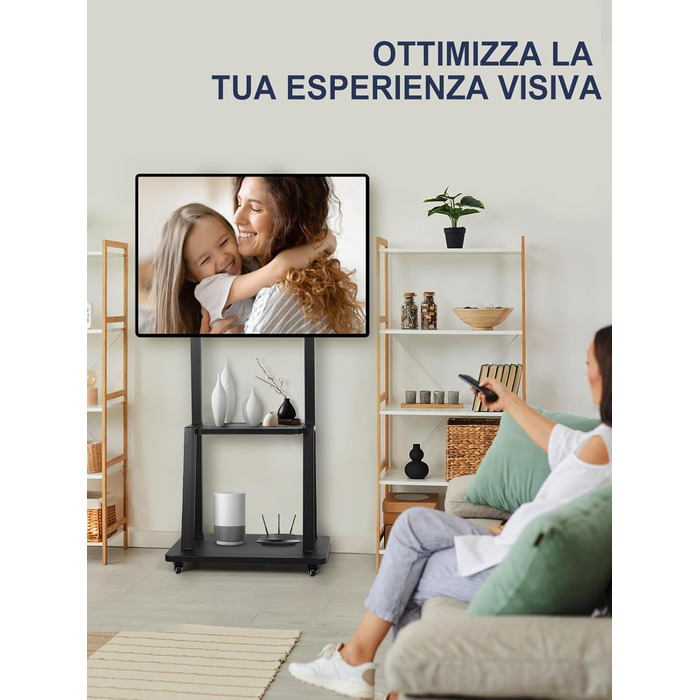Підставка для телевізора на колесах, мобільний телевізійний візок для 32-75 дюймів LED/LCD/OLED, регульована по висоті, чорна, з полицями для ноутбука та DVD