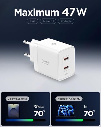 Зарядний пристрій Spigen ArcStation Essential GaN 47W USB-C з PPS, PD 3.0 – для iPhone, Pixel, Samsung, MacBook (Білий)
