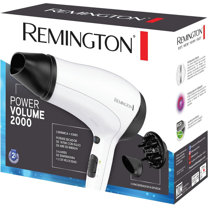Фен Remington Power Volume D3015: легкий, компактний, 2000 Вт, з насадкою для укладки та дифузором