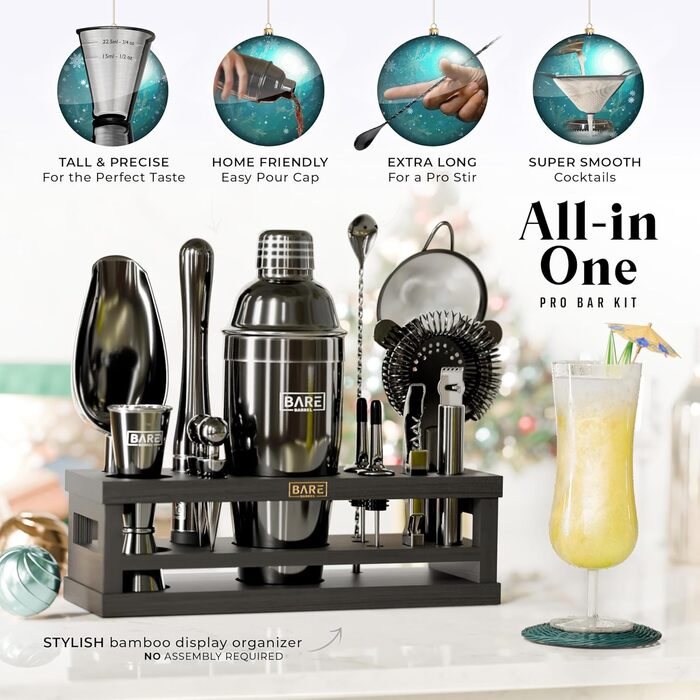 Набір бармена BARE BARREL® Mixology: 16 предметів для приготування коктейлів | Шейкер, барний аксесуар, інструменти для дому | 35 рецептів, подарунковий набір (680.4 г Cobbler Shaker, чорний)