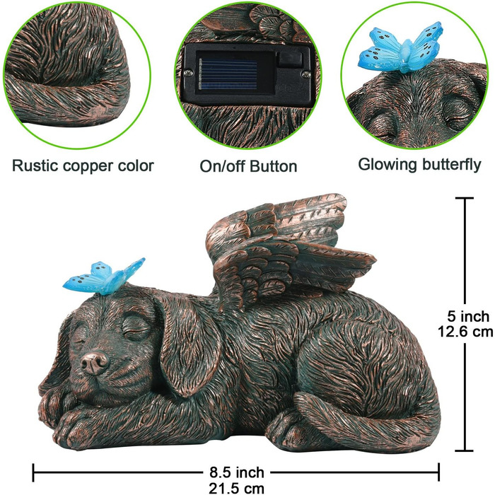 Yeomoo Dog Angel Solar Garden Decorations for Outdoors with Butterfly - Weatherproof Animal Statue Balcony Decor, Sleeping Puppy Solar-Powered Figure Grave Ornament Tombstone, Gifts for Women Mom Copper