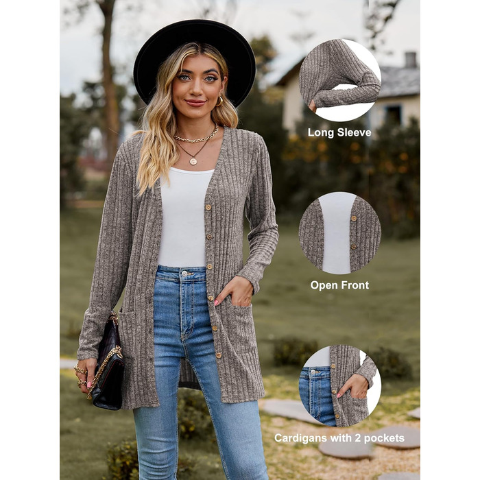 Кардиган жіночий з довгим рукавом Famulily, відкритий ззаду, V-подібний виріз, легкий, з кишенями (L, Кофе)