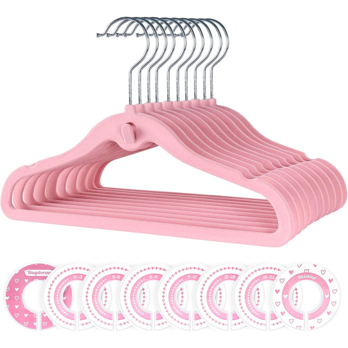 Набір велюрових дитячих вішалок 28 шт: 20 вішалок для одягу та 8 роздільників для дитячої шафи, з додатковим гачком, неслизькі, економія місця, рожеві