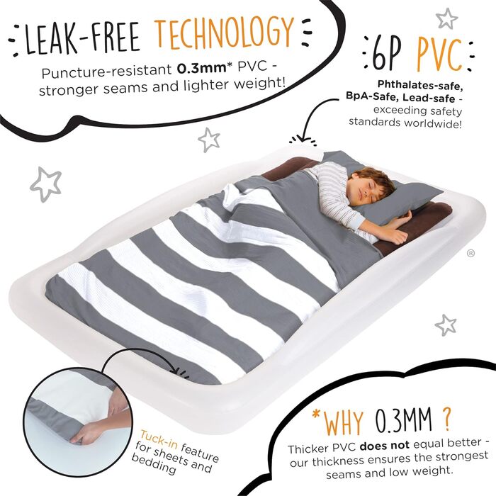 Надувне дитяче ліжко Shrunks® для подорожей з захистом від падіння - м'яка повітряна матрац для подорожей, ночівлі, кемпінгу - біло-коричневе ліжко-приліжко в готелях або вдома 152 x 94cm (Family)