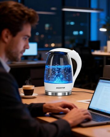 Електричний чайник Aigostar 1.7 л, 2200 Вт, зі скляною колбою, LED-підсвічуванням, без BPA, з фільтром від накипу, чорний (Eve)