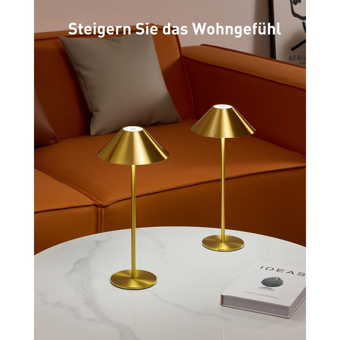 BOJIM 2 шт. LED настільна лампа на акумуляторі, золота, USB, сенсорне регулювання, IP54, водонепроникна, для балкона, поворотний наголовник