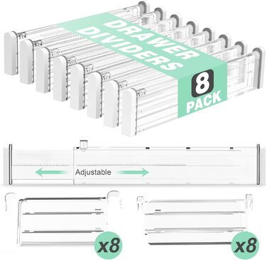 FUNIZE Adjustable Drawer Dividers with Inserts, 8 Piece, 32-58cm Long Dividers with 16 Piece 9-18cm Inserts, Expandable Drawer Organizer for Kitchen, Bedroom, Office Storage