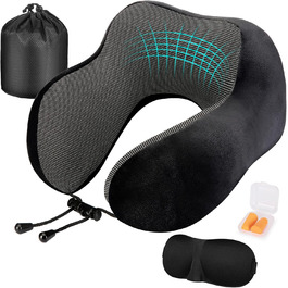 Подушка для шиї Eono з Memory Foam, ергономічна, для подорожей, з маскою для сну та навушниками, чорна