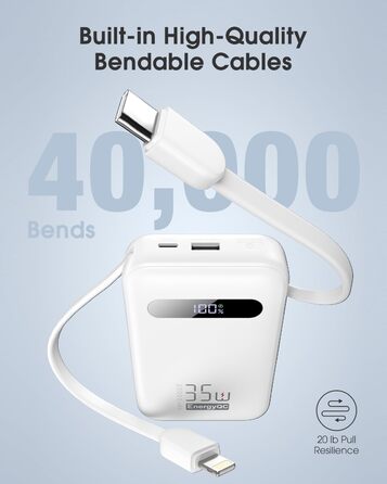 Powerbank 20000mAh з PD 35W, USB-C кабель, LED дисплеєм для iPhone, iPad, Samsung Galaxy та Huawei