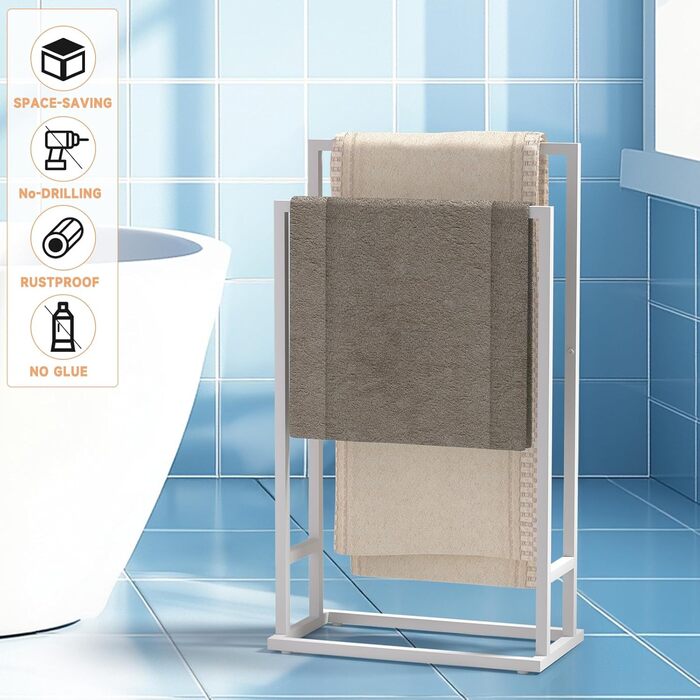 Підставка для рушників на підлозі, металева, з 2 перекладинами, для ванної кімнати, стабільна, економна, індустріальний стиль (білий)