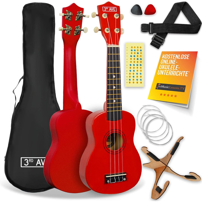 Укулеле 3rd Avenue Sopran 21' (54 см) – Початковий набір: чохол, підставка, ремінь, струни, медіатор та наклейки на гриф – Натуральний колір – Безкоштовні онлайн уроки для початківців