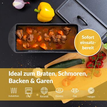 Chefaron Cast Iron Bread Baking Pan with Lid - Baking pan for bread and cake - cast iron bread pot - loaf pan baking roasting rectangular - cast iron pot bread baking - 28 x 12 cm rectangular loaf pan