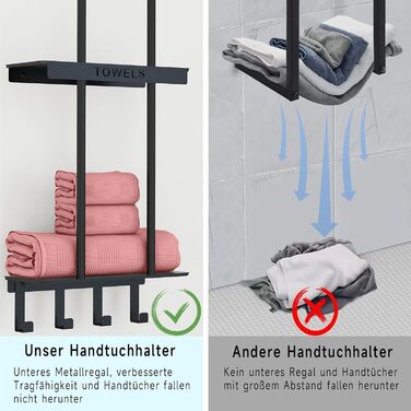 Чорний триярусний тримач для рушників з металевою полицею та 4 гачками, 86 см