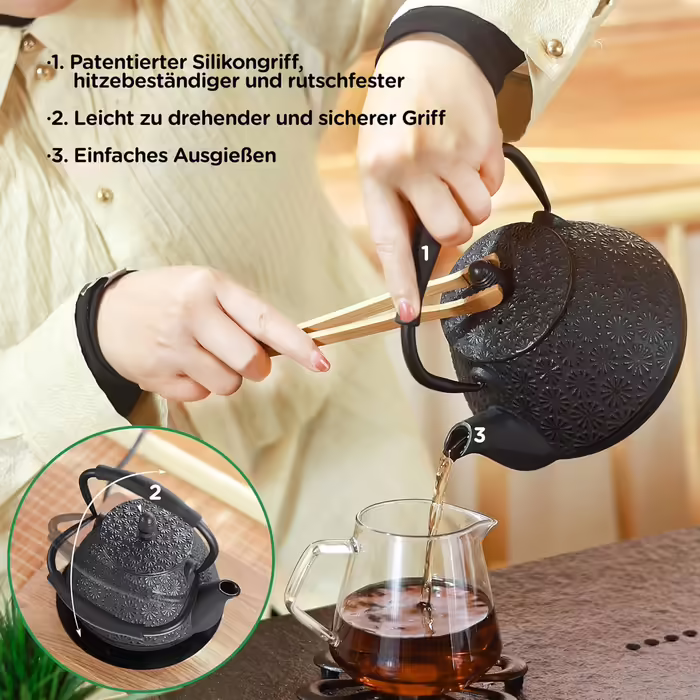 Cast Iron Teapot, 950ml Japanese Cherry Blossom Pattern Teakettle, Stovetop Safe, Infuser for Loose Tea & Coffee, Silicone Handle, Enamelled Interior, 32oz Blue (Light Green)