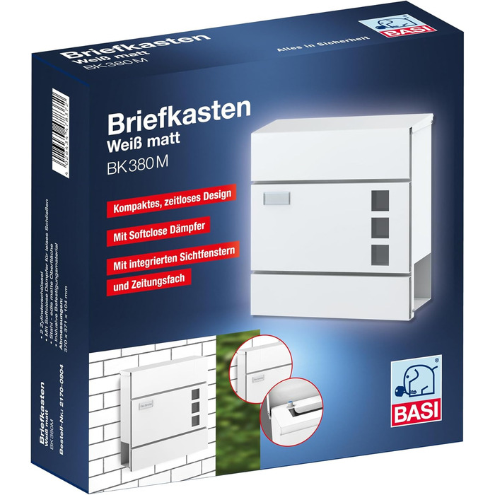 Поштова скринька BASI з м'яким закриттям, вікном для листівок та табличкою для імені | DIN A4 | 2 ключі | вбудований відсік для газет | Біла настінна поштова скринька