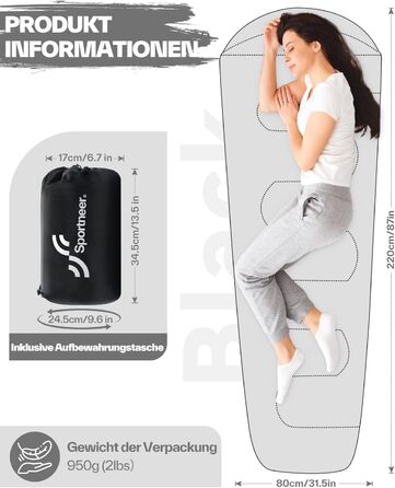 Сплячий мішок Sportneer - компактний та ультралегкий (950г/1500г) - спальний мішок типу 'кокон' для кемпінгу та відпочинку на природі. Підходить для чоловіків, жінок та дорослих (Чорний, літній). 3-4 сезони