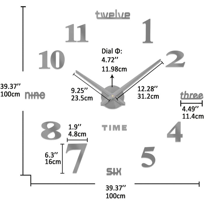 Vangold Modern Mute DIY Large Wall Clock 3D Sticker Home Office Decor Gift (Black)