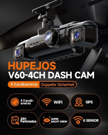 Автомобільний відеореєстратор HUPEJOS 4K+1080P, 4-канальний огляд 360°, з голосовим керуванням та GPS, V60