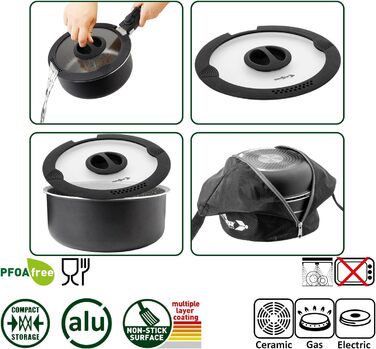 Набір посуду для кемпінгу BRUNNER з алюмінію (каструлі та сковорідки) - діаметр 20, 22, 24, 26 см, Pirate Vakublock, на 4 особи, з покриттям, легкий, високоякісний, стікений, 4+1 частина, міні діаметр 20 см