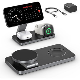 Бездротова зарядка Induktive з підтримкою MagSafe, 3-в-1 для iPhone 15/14/13/12, Apple Watch та AirPods, 30W, колір: чорний