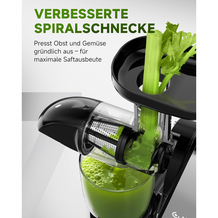 Електричний соковичавник AMZCHEF для овочів та фруктів - Slow Juicer з функцією реверсивного подрібнення, без фільтру, з щіткою та 2 чашками, сріблястий (30x19.6x30 см)