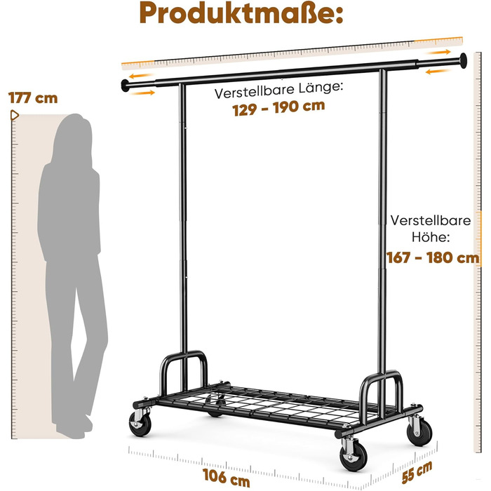 Підвісний стійка для одягу HOKEEPER на колесах, 136 кг, важкий, висувна штанга (S002K)