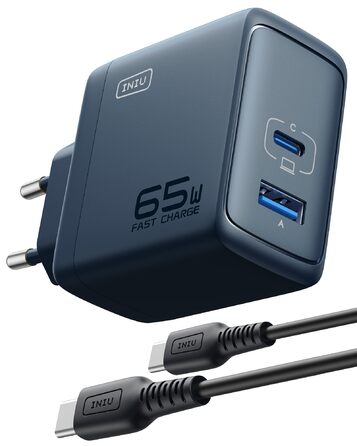 Зарядний пристрій INIU 65W USB-C/USB-A GaN, мережевий адаптер для MacBook, iPad, iPhone, Samsung Galaxy, Pixel (Синій)