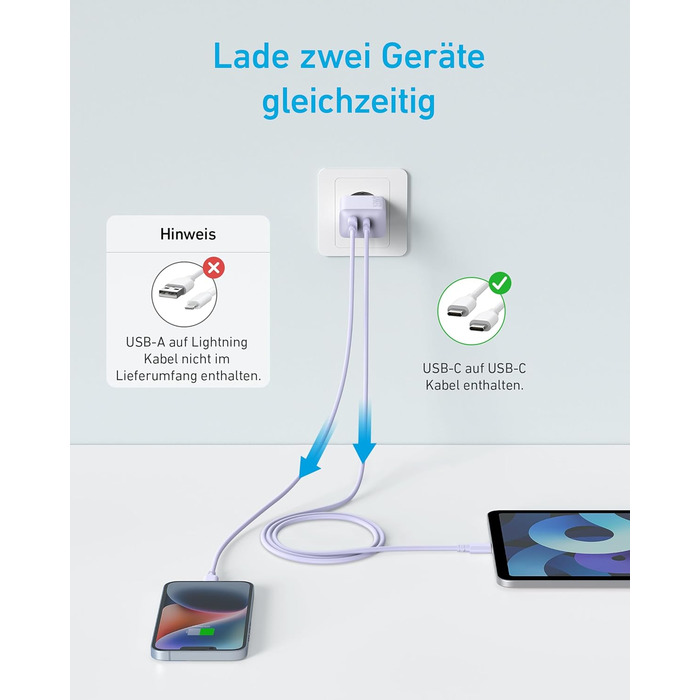 Зарядний пристрій Anker 20W USB-C, адаптер живлення для iPad, швидка зарядка, сумісний з iPhone 17/16/15 (з кабелем USB-C 150см), фіолетовий