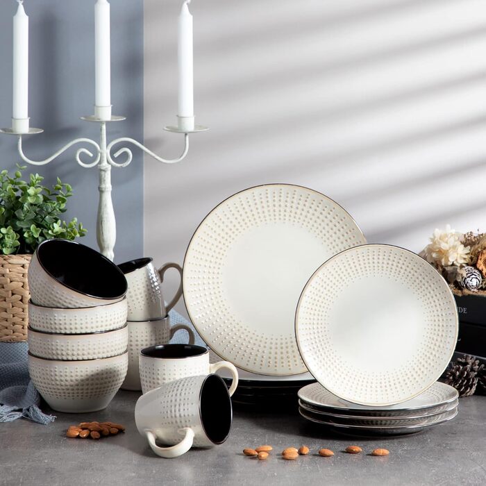 Набір посуду GUTO Tafelservice: 48 предметів (12 тарілок, 12 десертних тарілок, 12 салатників, 12 чашок) - бежевий, кераміка