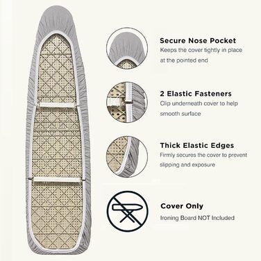 Покриття та накладка для прасувальної дошки до 137 x 45 см, 100% термостійке, натуральна бавовна, екстра товста підкладка, кишенька для рукава, Smart Fit, без хімікатів, придатне для прання в машині (геометричний малюнок (Масивний сірий, 18X54'))