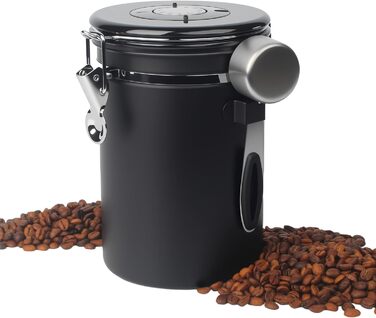 Герметична кавова банка 1,8 л з нержавіючої сталі з датою та ложкою, для кави, чаю, горіхів, какао (чорна)