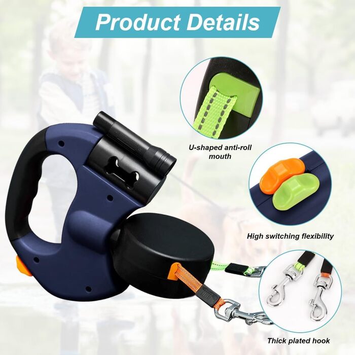 Рулетка для собак з подвійною лінією CRWEOM – для 2 собак, з LED-підсвічуванням, поворотним механізмом 360° та ергономічною ручкою (Блакитний)