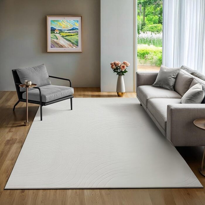 Килим Rio - сучасний та м'який килим для вітальні та спальні з антиковзним покриттям та 3D-ефектом, пухнаста поверхня, легкий у догляді та міцний, білий, білий-1 (80 x 150 см, кремовий-5)