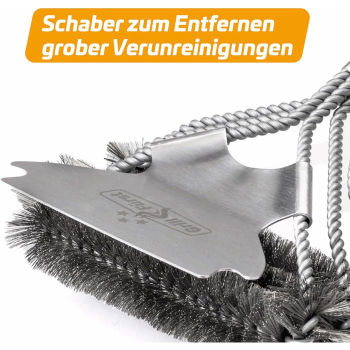 3X Grillfürst Premium Grill Brush with Brass Bristles, 45 cm - Grill Cleaning Brush for Grill Grates, Grill Grate Brush with Wide 3-Section Brush Head and Scraper (Stainless Steel with Scraper)