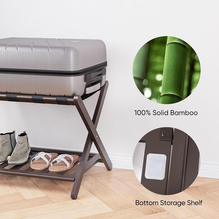 Fully assembled bamboo luggage rack with 5 straps, 2-tier foldable suitcase stand, wide wooden luggage holder, foldable luggage shelves, ideal for guest rooms, bedrooms, hotels, (1 pack of brown bamboo)