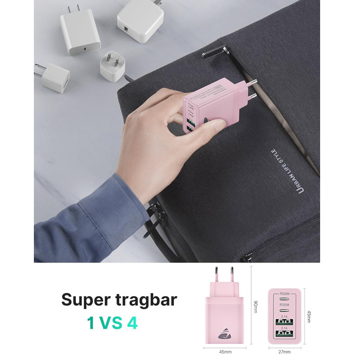 Мережевий адаптер USB-C з 4 портами, 40W, з інтелектуальною зарядкою QC, для iPhone, Samsung та інших телефонів