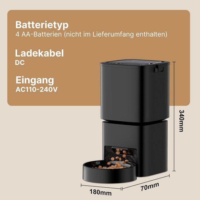 Автоматичний кормушка для котів та собак з Wi-Fi, 5 л, керування через додаток, 1-10 прийомів їжі на день