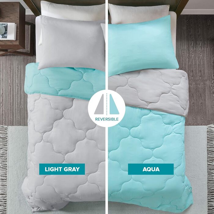 Комплект постільної білизни Comfort Spaces Vixie: стеганий дизайн, чорно-сірий, для всіх сезонів, з наволочками (Twin/Twin XL, Aqua/Grey)