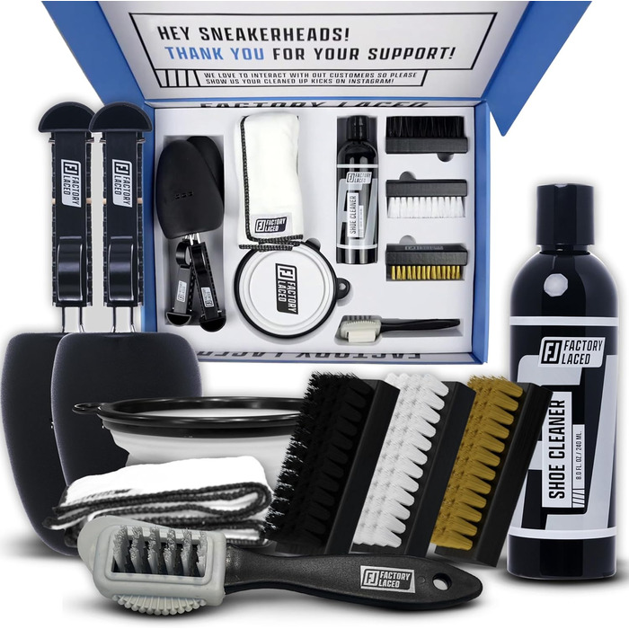 FACTORY LACED Shoe Cleaner Sneaker Kit - The ultimate sneaker cleaning experience including 240ml shoe cleaner, 4 shoe brushes, 2 shoe shapers, and a microfiber cleaning cloth