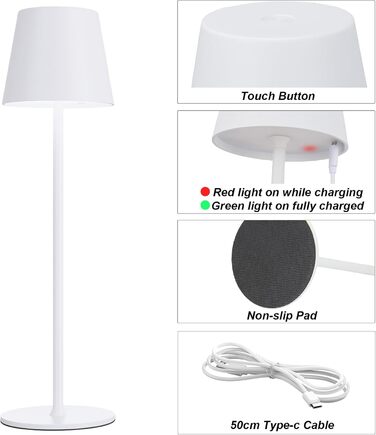 Акумуляторна настільна LED лампа бездротова з USB-C зарядкою, регульована яскравість, 3 режими світла, сенсорна лампа для дому, спальні, кемпінгу (біла)