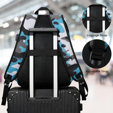 Рюкзак YAMTION 17,3 дюйма для чоловіків та жінок, шкільний, для підлітків, студентів, з USB-портом, камуфляжний синій