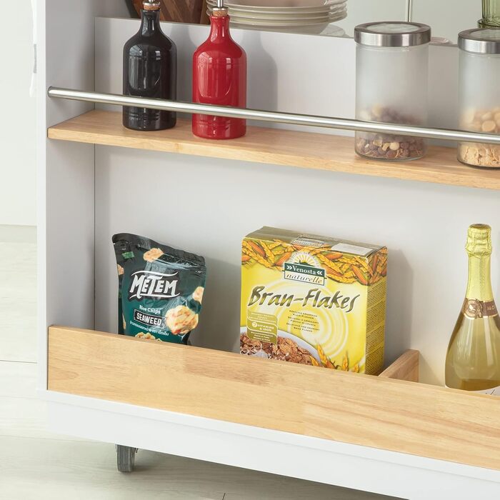 SoBuy Kitchen Cart with Countertop - Rolling Kitchen Island with Spice Rack & Storage - White & Natural Finish