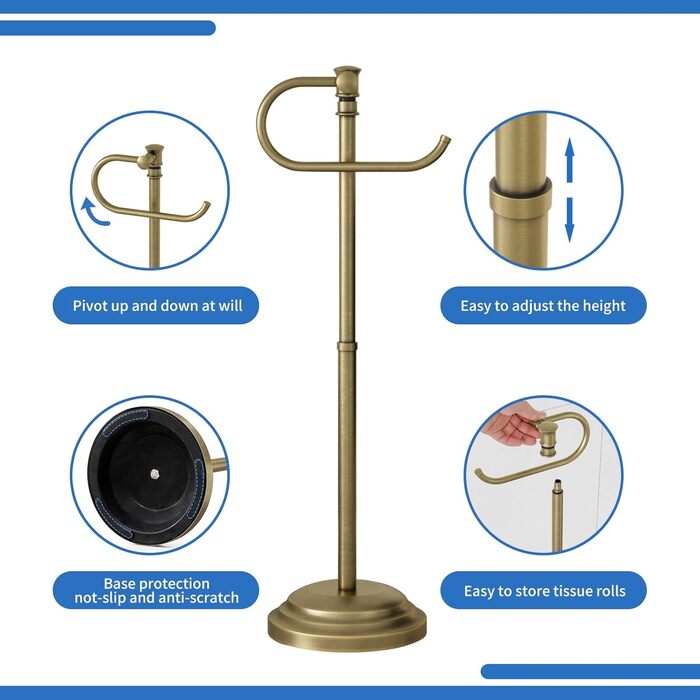 Тримач туалетного паперу на підлогу RUMOSE, античне латунь, регульований (31,5-57,9 см), з полицею для зберігання, нержавіюча сталь