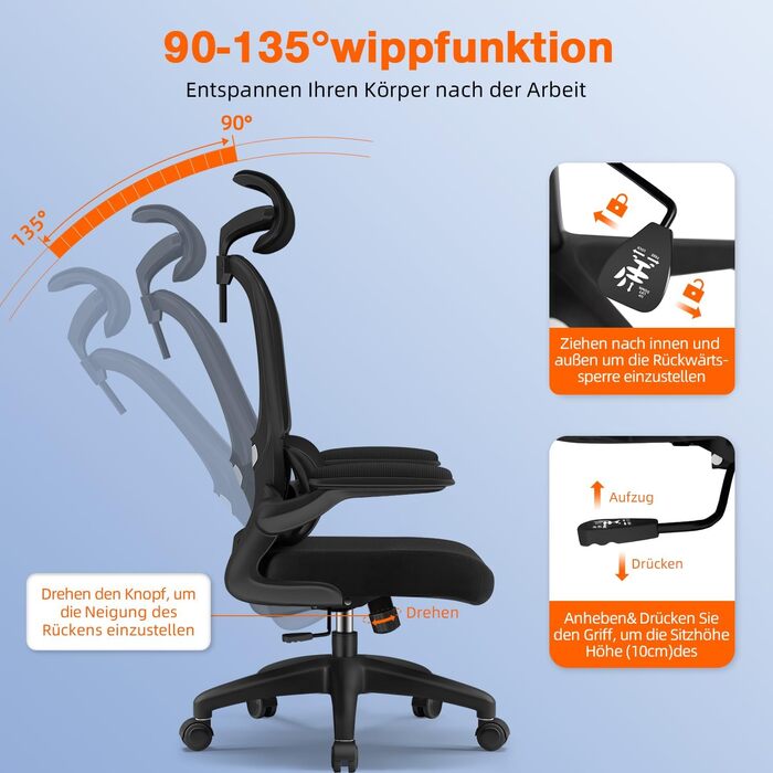 Ергономічне крісло для офісу з регульованою підголовником, поперековою підтримкою та відкидними підлокітниками, крісло для начальника, 150 кг, чорний колір, модель 2