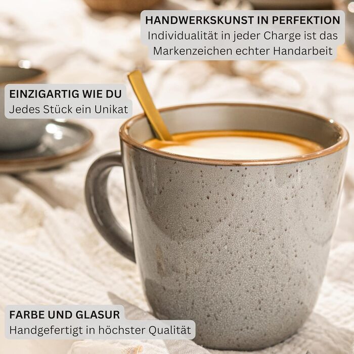 Набір чашок SÄNGER Rio Perlgrau (4 шт.) з кераміки, 430 мл, сірі, для кави та чаю, придатні для миття в посудомийній машині та використання в мікрохвильовій печі